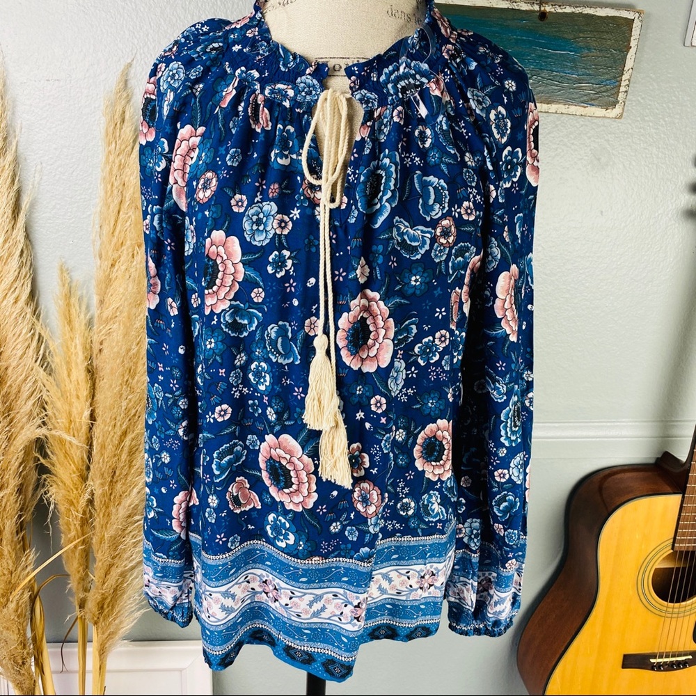 Blue Boho Floral Print Puff Sleeve Peasant Blouse - Picture 2 of 14